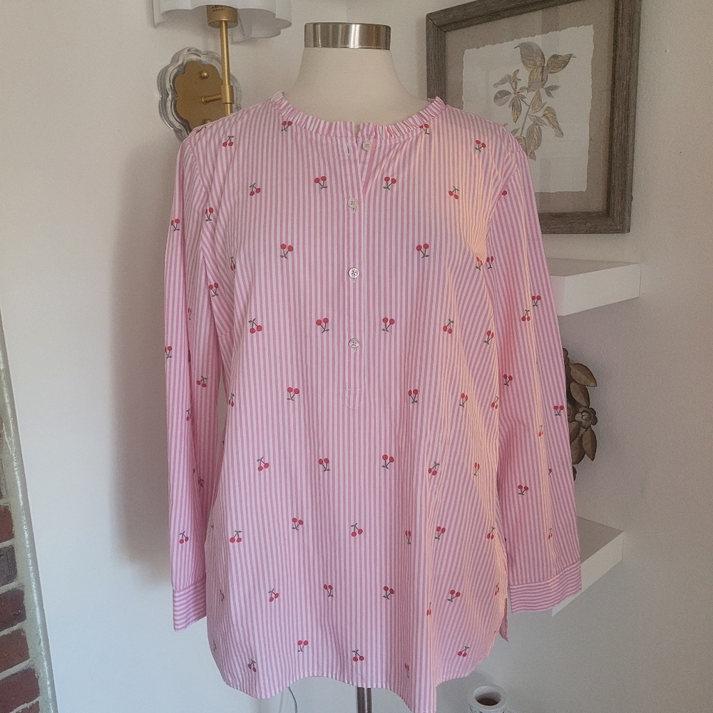 Talbots Preppy Pink Striped Blouse With Embroidered Cherrys  XL